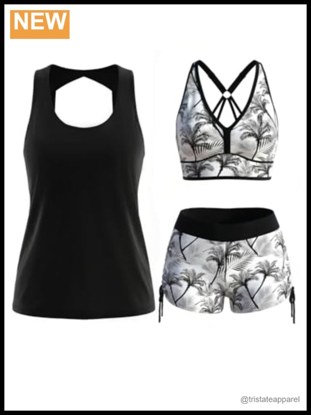 3 Piece Tankini Swimsuits Set with Board Shorts Crisscross Back